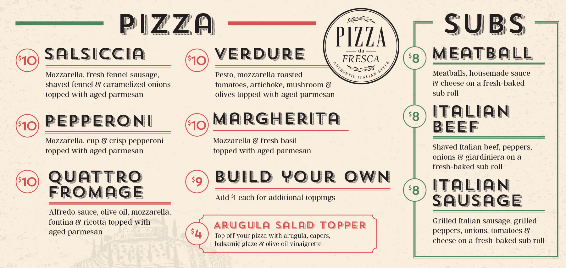 Stylized menu for Pizza da Fresca